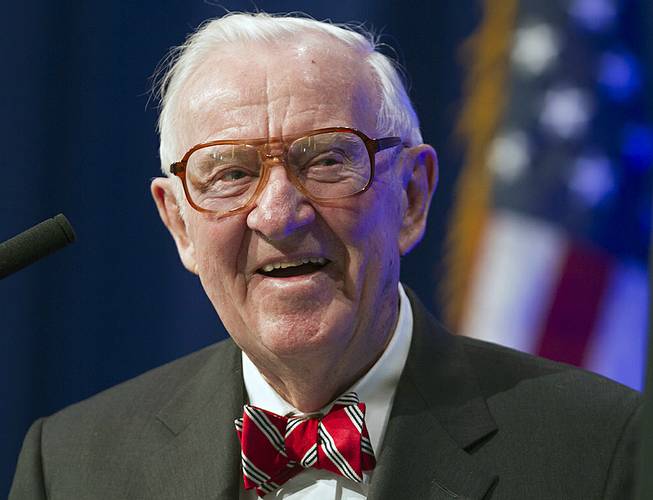 Former U.S. Supreme Court Justice John Paul Stevens speaks at a lecture presented by the Clinton School of Public Service in Little Rock, Ark., on May 30, 2012.
