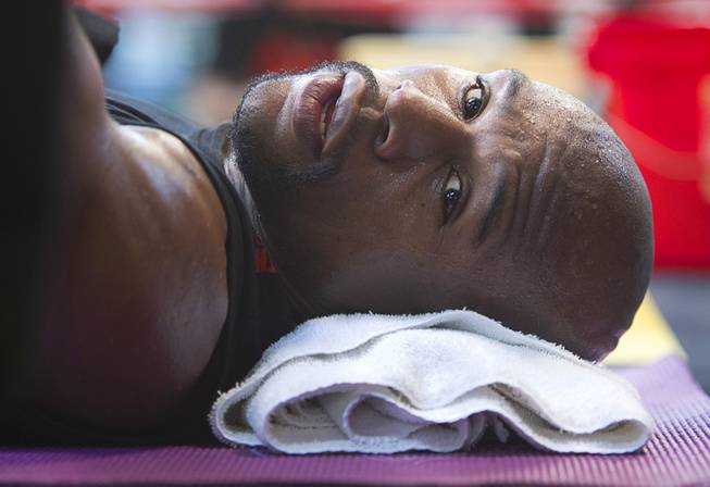 WBC welterweight champion Floyd Mayweather Jr. is shown during a media workout at Mayweather Boxing Club on Tuesday, April 22, 2014. Mayweather is preparing for his fight against WBA champion Marcos Maidana of Argentina at MGM Grand Garden Arena on May 3.