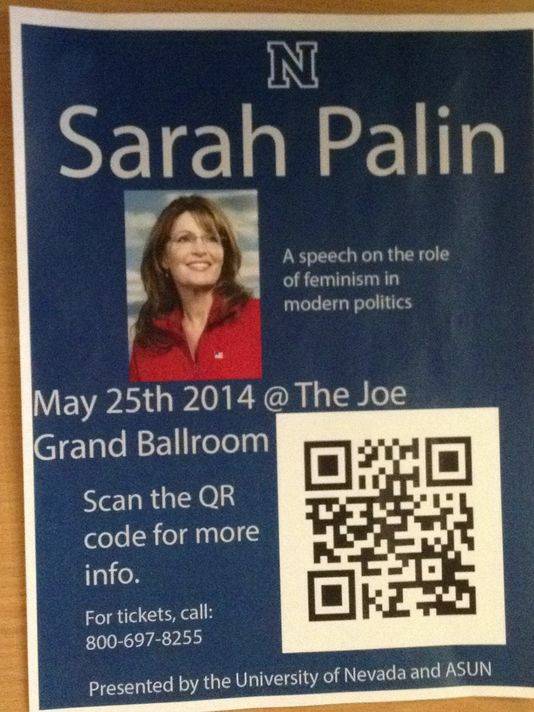 This flier, making its way around the UNR campus, promotes an appearance by former GOP vice presidential candidate Sarah Palin, but the 1-800 number to call for tickets actually is a telephone sex line.