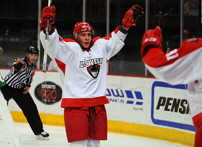 Wranglers forward Chris Francis celebrates after scoring a second-period goal against the Alaska Aces during Game 4 of a first-round ECHL playoff matchup Friday, April 25, 2014, at Orleans Arena.
