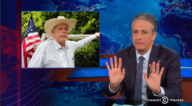 Jon Stewart, shown in this screen shot from Thursday's airing of "The Daily Show with Jon Stewart," is among a handful of comedians who focused their attention on Clark County rancher Cliven Bundy.
