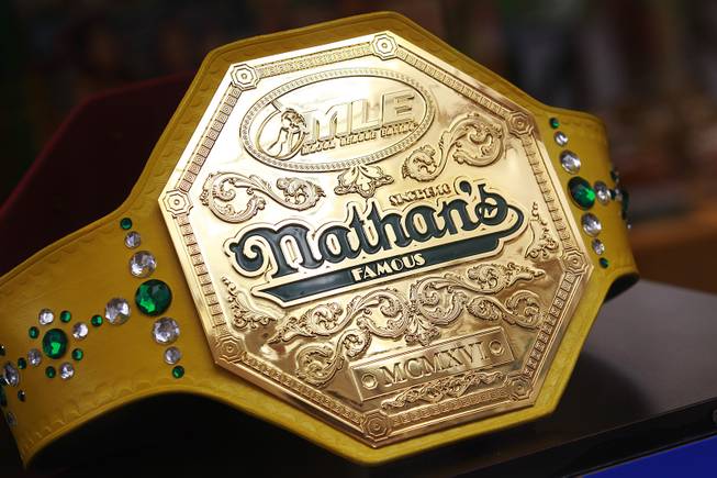The championship belt is seen on display during qualifying for Nathan's Famous Fourth of July Hot Dog Eating Contest Saturday, April 26, 2014 at New York New York.