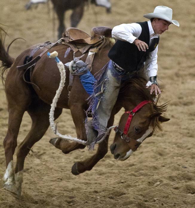 Feather River saddle bronc rider Quincy Crum flies from the saddle and off his horse in the dirt during the West Coast Regional Finals Rodeo at South Point Arena on Friday, April 25, 2014.
