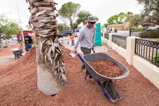 Volunteer Andy Warnement moves rock along the side of the home of photographer Robert Scott Hooper and wife Theresa Hooper as part of the Rebuilding Together Southern Nevada's annual neighborhood rebuilding event in Las Vegas Saturday, April 26, 2014.