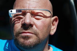 Gary Verrazono displays his Google Glass unit Wednesday, April 23, 2014.