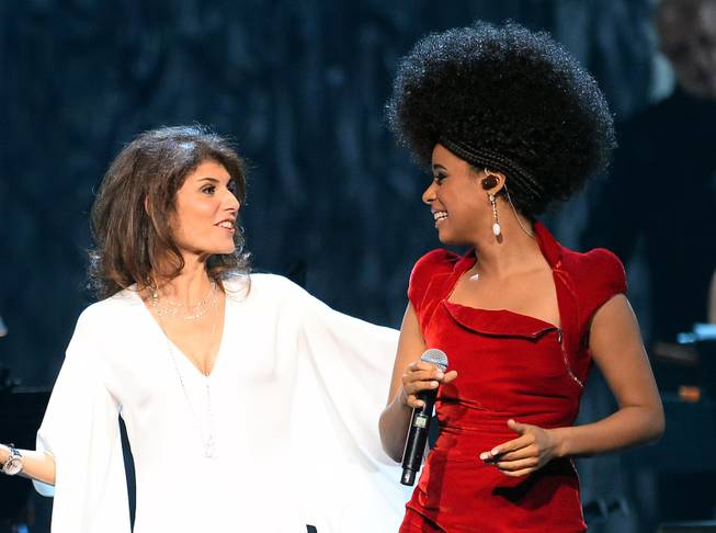Keep Memory Alive co-founder Camille Ruvo and singer Fantine appear onstage during the 18th annual Keep Memory Alive “Power of Love Gala” benefit for the Cleveland Clinic Lou Ruvo Center for Brain Health honoring Gloria Estefan and Emilio Estefan Jr. on Saturday, April 26, 2014, at MGM Grand Garden Arena.

