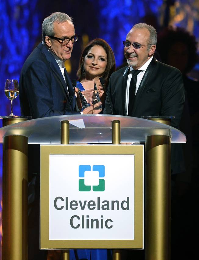 Keep Memory Alive founder Larry Ruvo and honorees Gloria Estefan and Emilio Estefan Jr. speak onstage during the 18th annual Keep Memory Alive “Power of Love Gala” benefit for the Cleveland Clinic Lou Ruvo Center for Brain Health on Saturday, April 26, 2014, at MGM Grand Garden Arena.

