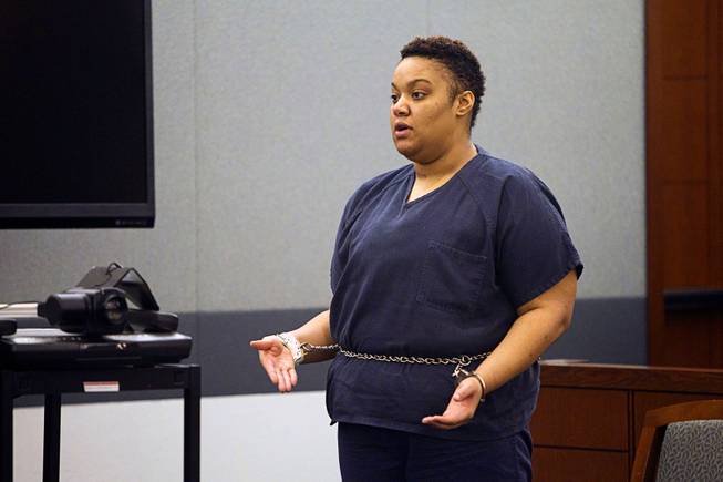 Brittanie Merritt-Burwell speaks during sentencing at the Regional Justice Center Monday April 28, 2014. Merritt-Burwell  was sentenced to 96-240 months in prison on charges relating to a road rage incident on the Las Vegas Strip in December 2013.