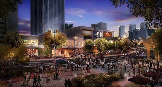 An artist’s rendering of the outdoor venues at MGM Resorts International’s project the Park, which will connect New York-New York and Monte Carlo with an eight-acre outdoor experience.  