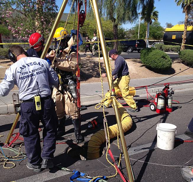 Firefighters use specialized equipment to rescue a duckling from a storm drain, Tuesday, April 29, 2014. 