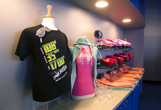 Merchandise is displayed in the SlotZilla giftshop and ticket office at the Fremont Street Experience in downtown Las Vegas, Wednesday, April 30, 2014. The SlotZilla Zipline, part of the $12 million SlotZilla project, opened Sunday.