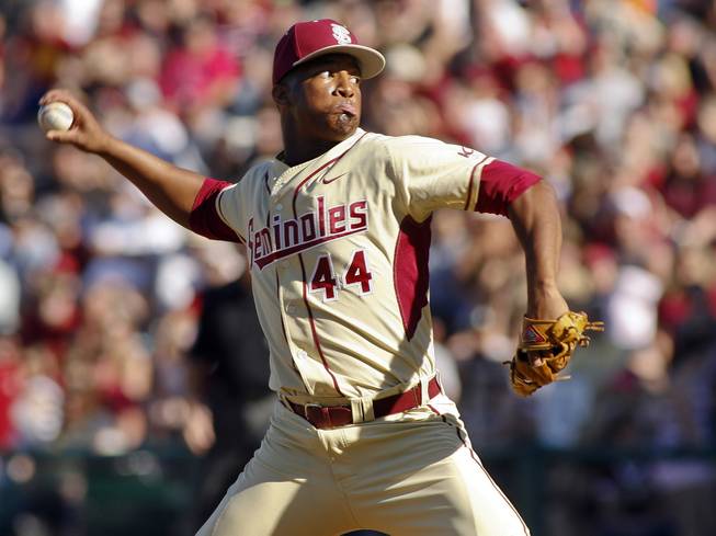 In this March 2, 2014, file photo, Florida State relief pitcher Jameis Winston throws in the ninth inning of an NCAA college baseball game against Miami in Tallahassee, Fla.