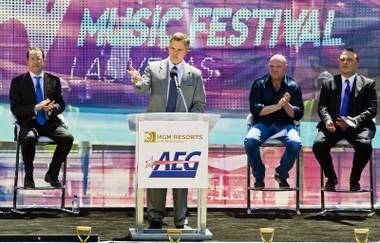 MGM Resorts Chief Executive Jim Murren thanks invited dignitaries as partners AEG and MGM Resorts International break ground with a ceremonial VIP/media event for the 20,000-seat sports and entertainment arena on Thursday, May 1, 2014.