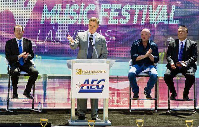 MGM Resorts Chief Executive Jim Murren thanks invited dignitaries as partners AEG and MGM Resorts International break ground with a ceremonial VIP/media event for the 20,000-seat sports and entertainment arena on Thursday, May 1, 2014.