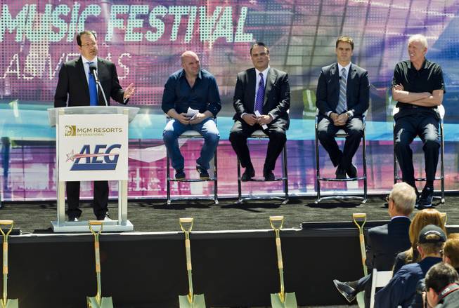 AEG Chief Executive Dan Beckerman thanks the welcomed crowd as partners AEG and MGM Resorts International break ground with a ceremonial VIP/media event for the 20,000-seat sports and entertainment arena on Thursday, May 1, 2014.