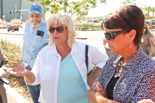 Lillie Spencer, at left, and Margaret Houston, Cliven Bundy's sisters, speak with reporters during a peaceful protest in front of the Metro Police department, Friday May 2, 2014.