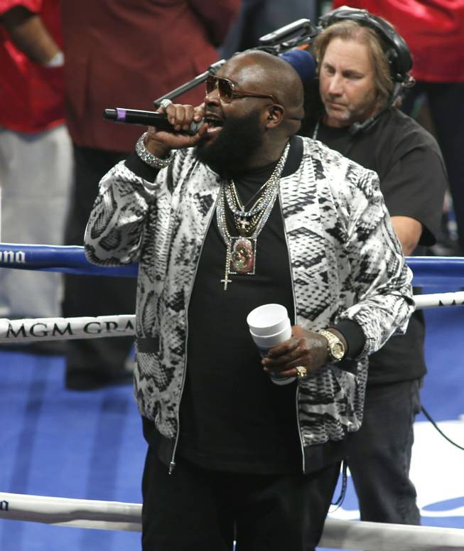 American Rapper Rick Ross performs a song before the Adrien Broner and Carlos Molina super lightweight fight at the MGM Grand Garden Arena on Saturday, May 3, 2014.