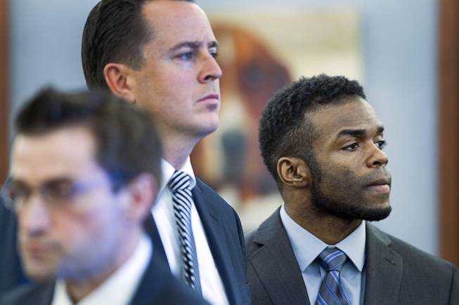 Jason "Blu" Griffith, right, the man accused of killing Luxor "Fantasy" dancer Debora Flores Narvaez, appears in court during jury selection, at the Regional Justice Center Monday, May 5, 2014. With Griffith are defense attorneys Abel Yanez, left and Jeff Banks.