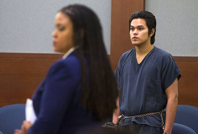 Jeremy Espiritu, 22, stands during sentencing at the Regional Justice Center Tuesday, May 6, 2014. Defense attorney Donishia Campbell is at left. Espiritu told police that he stabbed the family dog, Serenity, with a six-inch serrated knife because he "wanted to." The dog later died of the injury.