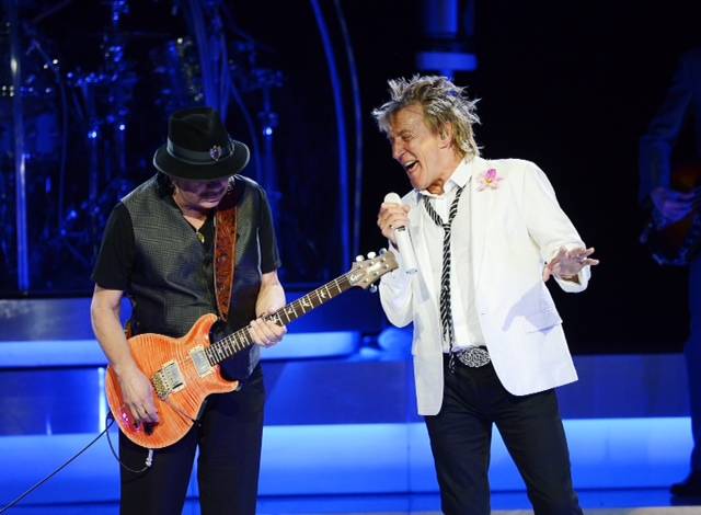 Carlos Santana and Rod Stewart perform “I’d Rather Go Blind” at the Colosseum on Tuesday, May 6, 2014, in Caesars Palace. This was their first time performing together on the heels of their U.S. co-headlining tour.