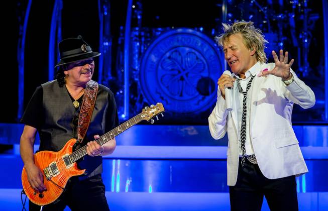 Carlos Santana and Rod Stewart perform “I’d Rather Go Blind” at the Colosseum on Tuesday, May 6, 2014, in Caesars Palace. This was their first time performing together on the heels of their U.S. co-headlining tour.