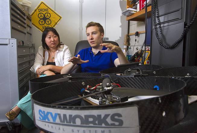 Skyworks founders Jinger Zeng and Greg Friesmuth respond to a question during an interview in a drone testing lab at UNLV Tuesday, May 6, 2014.