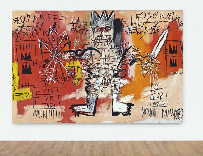 This undated photo provided by Christie's shows Jean-Michel Basquiat untitled 1981 painting of a regal warrior figure. It is among other big-ticket items coming up for auction Tuesday, May 13, 2014, at Christie's in New York.