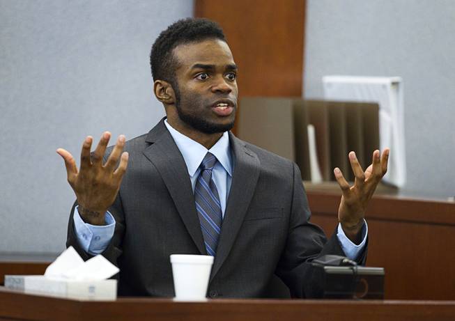 Defendant Jason Omar Griffith testifies in his own defense during his trial at the Regional Justice Center Wednesday, May 14, 2014. Griffith is accused of murdering Luxor "Fantasy" dancer Deborah Flores Narvaez in December 2010.
