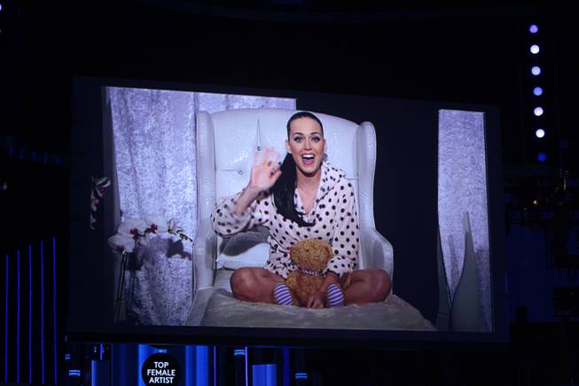 Singer Katy Perry accepts the award for Top Female Artist via satellite from Scotland during the 2014 Billboard Music Awards at the MGM Grand Garden Arena Sunday, May 18, 2014.