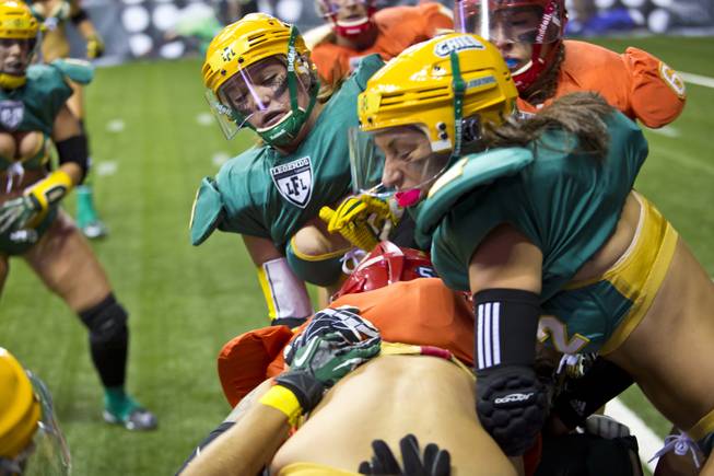 Green Bay Chill clashes with Las Vegas SIN during their game at Thomas & Mack Center, Thursday May 15, 2014. The SIN beat Green Bay 34 to 24, their first win of the Legends Football League season.