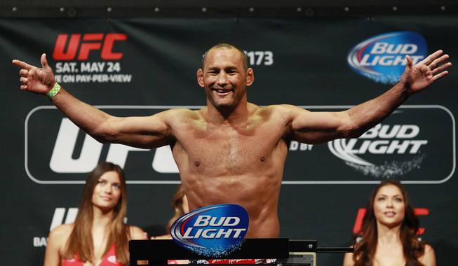 Dan Henderson smiles after making weight during the weigh in for UFC 173 Friday, May 23, 2014 at the MGM Grand Garden Arena.