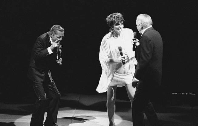 American entertainers Sammy Davis Jr., left, Liza Minnelli, middle, and Frank Sinatra, right, during their performance Saturday, April 9, 1989 at the Ahoy Hall in Rotterdam, Netherlands, this concert of the famous trio is part of their European tour.