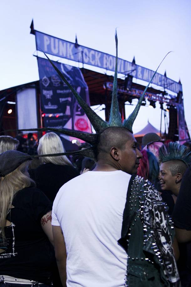 A festival goers wears a spiked mohawk at the Punk Rock Bowling & Music Festival Sunday, May 25, 2014.