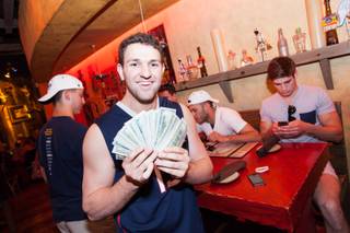 On Saturday, May 24, 2014, graduates of the University of Connecticut stopped by Hard Rock Hotel Las Vegas to pick up their winnings: a total of $60,000. Harrison Fuchs at Pink Taco inside the Hard Rock displays his $5,000 winnings.