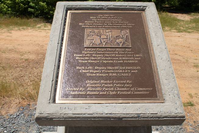 A memorial from the Bienville Parish Sheriff dedicated to the lawmen who killed Clyde Barrow and Bonnie Parker on May 23, 2014. The memorial is seven miles out of Gibsland, La., the last stop the couple made before they were killed. 