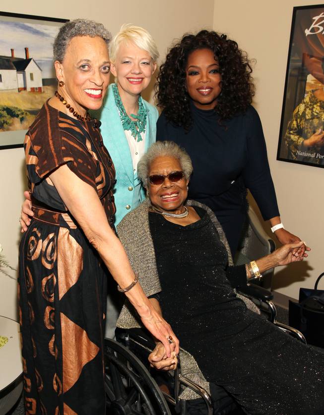 Left to right, Johnnetta Cole, director of the National Museum of African Art, Kim Sajet, director of the National Portrait Gallery, Maya Angelou and Oprah Winfrey pose for a photo backstage at Maya Angelou's portrait unveiling at the Smithsonian's National Portrait Gallery on Saturday, April 5, 2014 in Washington, DC. 