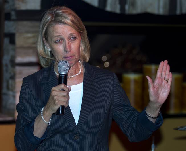 Secretary of State candidate Barbara Cegavske introduces her platform to Libertarian party members and guests during a meet and greet session at Hyde in the Bellagio on Thursday, May 29, 2014.