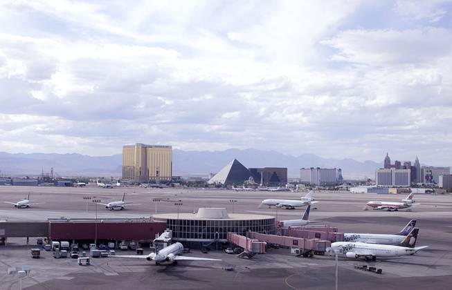 Aircraft are seen parked on the tarmac at McCarran International Airport after the suspension of all domestic air travel Tuesday, Sept. 11, 2001.