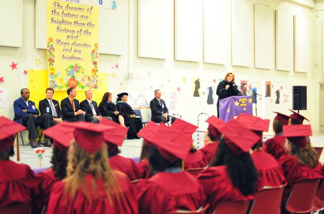 School Board member Patrice Tew gives the keynote address to Clark County School District graduates at the Florence McClure Women's Correctional Facility on Tuesday, June 3, 2014. More than 70 female inmates at Nevada's only women's correctional center graduated from the district's adult education program with high school diplomas, GEDs and vocational certificates this year.