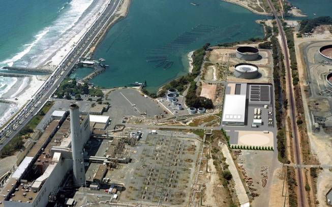 This image provided by the San Diego County Water Authority in 2012 shows an artist rendering of a proposed desalination plant, center right, superimposed over an aerial photograph, in Carlsbad, Calif. The proposed plant will be the Western Hemisphere’s largest desalination plant.