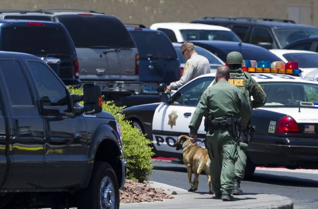 A Metro Police K-9 officer arrives a Wal-Mart on Nellis Boulevard on Sunday, June 8, 2014. Two suspects allegedly shot two Metro Police officers in a nearby pizza shop, then fled to the Wal-Mart, where they fired shots before killing themselves.