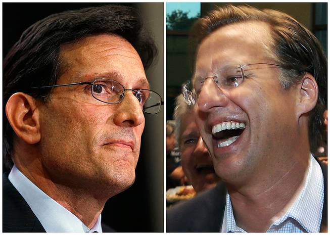 In this combination of Associated Press photos, House Majority Leader Eric Cantor, R-Va., left, and Dave Brat, right, react after the polls close Tuesday, June 10, 2014, in Richmond, Va. Brat defeated Cantor in the Republican primary. 
