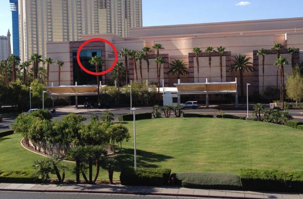An MGM worker fell to their death from a third-story window at the Conference Center on Tuesday, June 10, 2014. The red circle points out an opening at the MGM Conference Center.