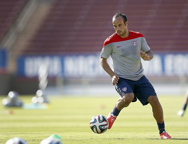 United States' Landon Donovan controls the ball during a training session on Wednesday, May 14, 2014, Stanford, Calif., in preparation for the World Cup tournament. 