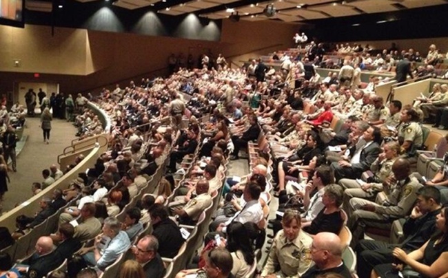 The upper balcony of Canyon Ridge Christian Church fills for the funeral of Metro Police Officer Igor Soldo.