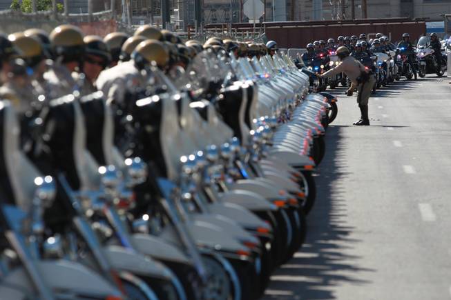 Metro and Nevada Highway Patrol motorcycles line up before a memorial service for Metro officer Alyn Beck Saturday, June 14, 2014 at the Smith Center.