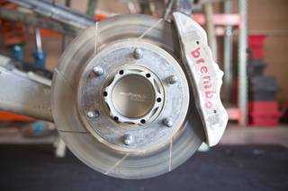 A look at the brake system of T.J. Flores'  Trophy Truck, Thursday April 17, 2014.