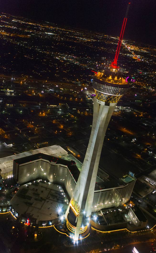 The Stratosphere and the Strip are seen from a Maverick helicopter on the way to opening night of Electric Daisy Carnival at the Las Vegas Motor Speedway on Friday, June 20, 2014.