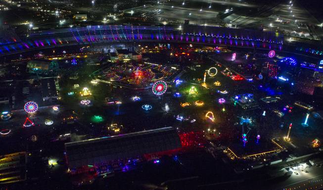 View from a Maverick Helicopter of opening night of EDC at the Las Vegas Motor Speedway on Friday, June 20, 2014.