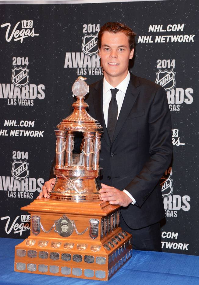 Tuukka Rask of the Boston Bruins with the Vezina Trophy at the 2014 NHL Awards in Encore Theater on Tuesday, June 24, 2014, at Wynn Las Vegas.
